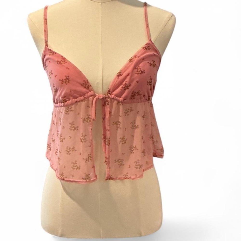 Live in the Moment Floral Mesh Camisole Women S Pink Excellent Tie Front Y2K